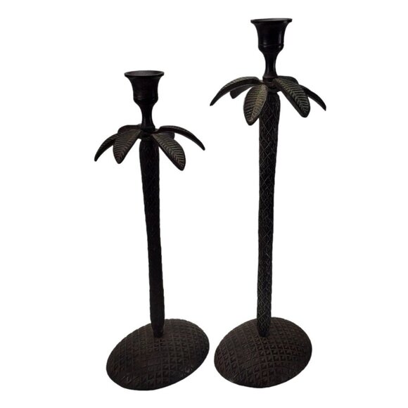 Cast Iron Palm Tree Candlesticks Taper Candle Holders Bronze Coastal Vintage - Picture 10 of 12